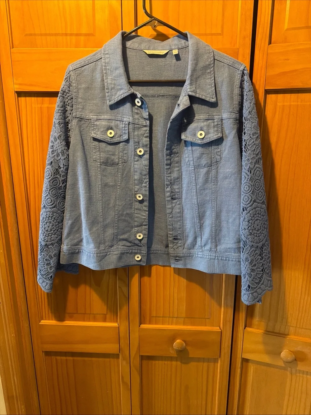 Soft Surroundings Light Blue Denim Jacket with Crochet Sleeves